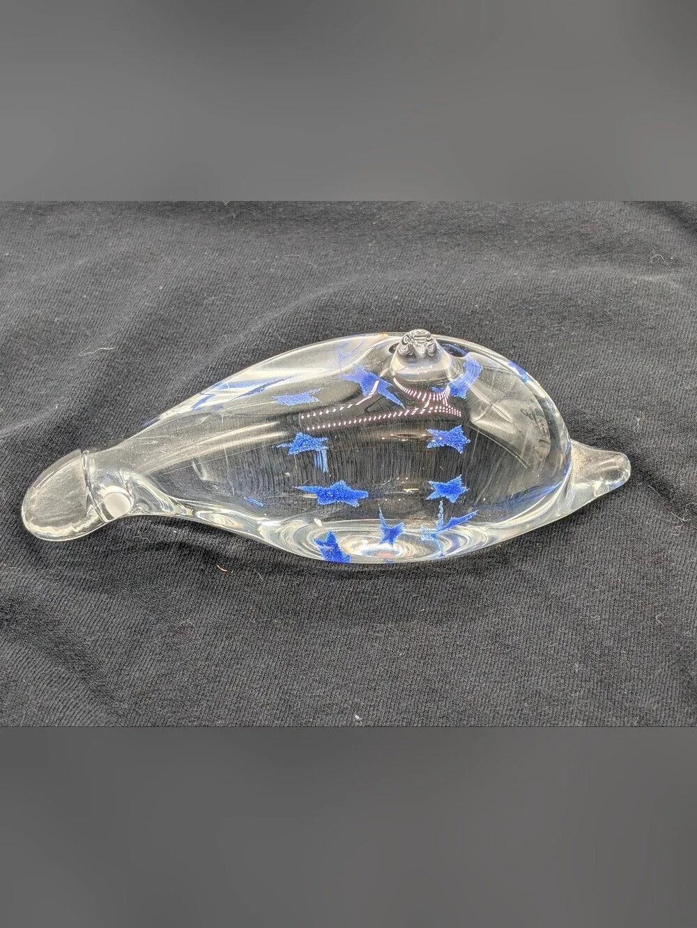 Vintage Hand Blown Art Glass Dolphin Figurine Paperweight Clear with Blue Stars